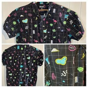 MASSIVE Black Retro 80s 90s Print Button Up Shirt XL Flamingo Pool Lips